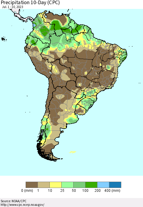 South America Precipitation 10-Day (CPC) Thematic Map For 7/1/2023 - 7/10/2023
