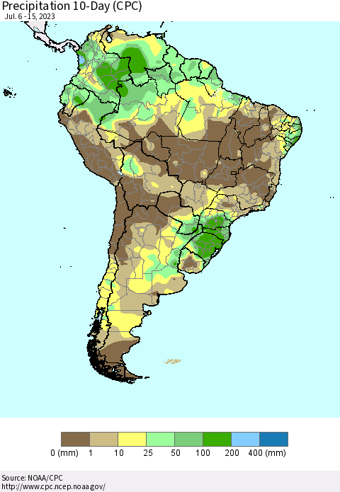 South America Precipitation 10-Day (CPC) Thematic Map For 7/6/2023 - 7/15/2023