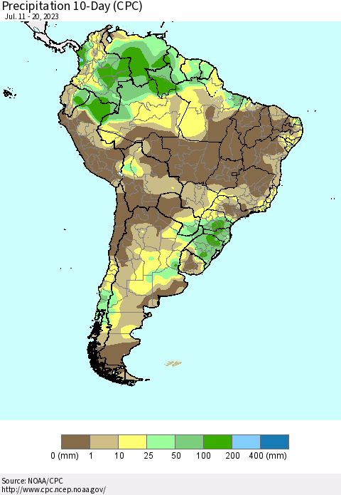 South America Precipitation 10-Day (CPC) Thematic Map For 7/11/2023 - 7/20/2023