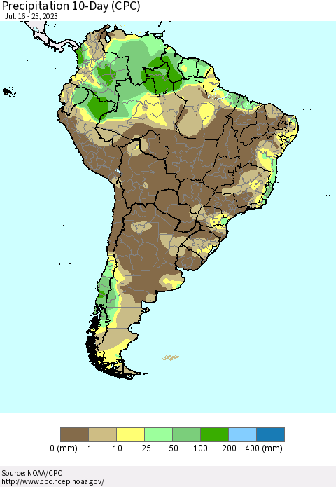 South America Precipitation 10-Day (CPC) Thematic Map For 7/16/2023 - 7/25/2023