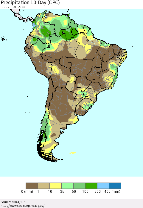 South America Precipitation 10-Day (CPC) Thematic Map For 7/21/2023 - 7/31/2023