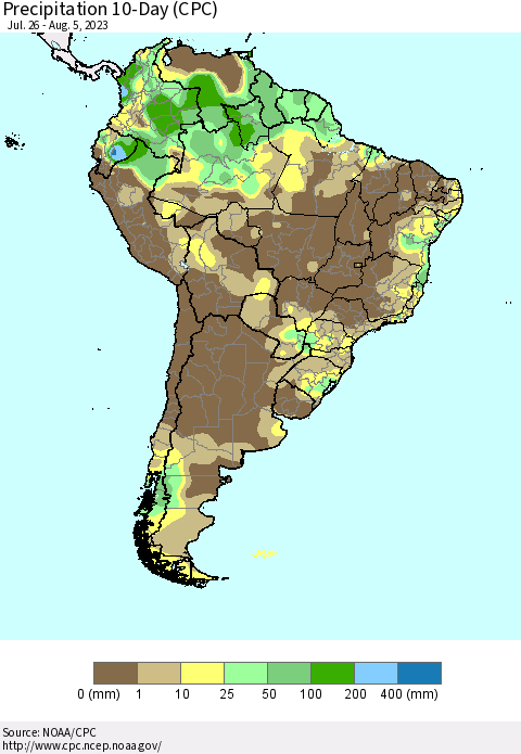 South America Precipitation 10-Day (CPC) Thematic Map For 7/26/2023 - 8/5/2023