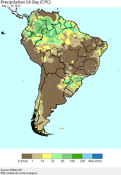 South America Precipitation 10-Day (CPC) Thematic Map For 8/1/2023 - 8/10/2023