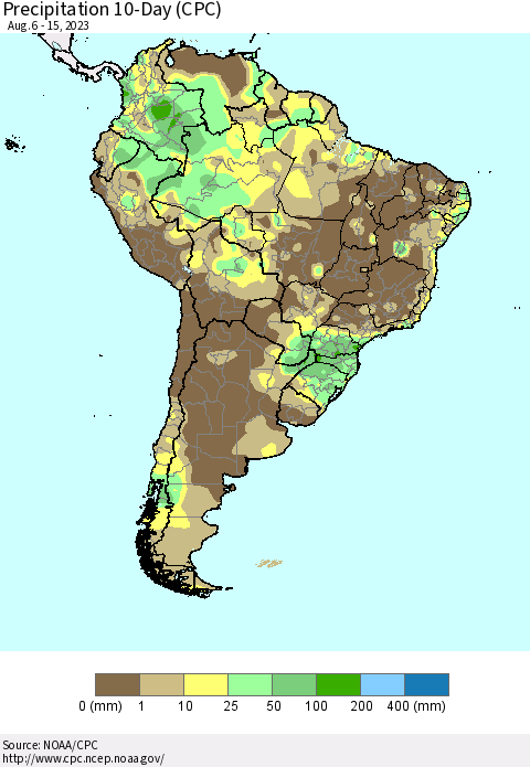 South America Precipitation 10-Day (CPC) Thematic Map For 8/6/2023 - 8/15/2023