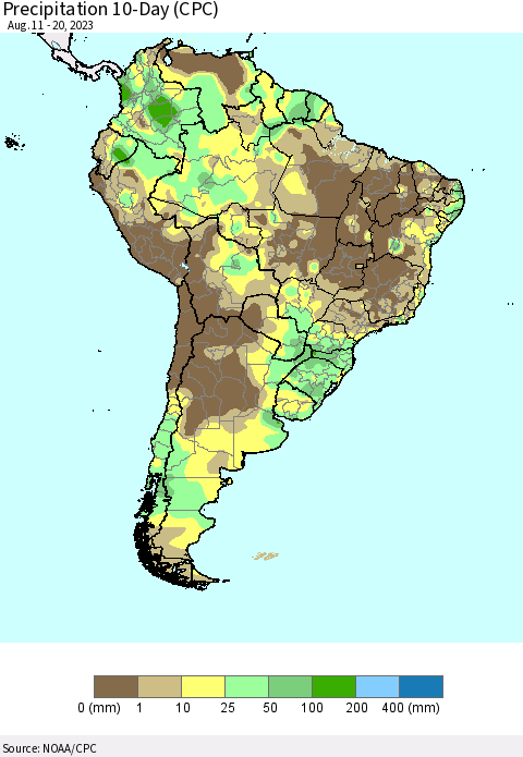 South America Precipitation 10-Day (CPC) Thematic Map For 8/11/2023 - 8/20/2023