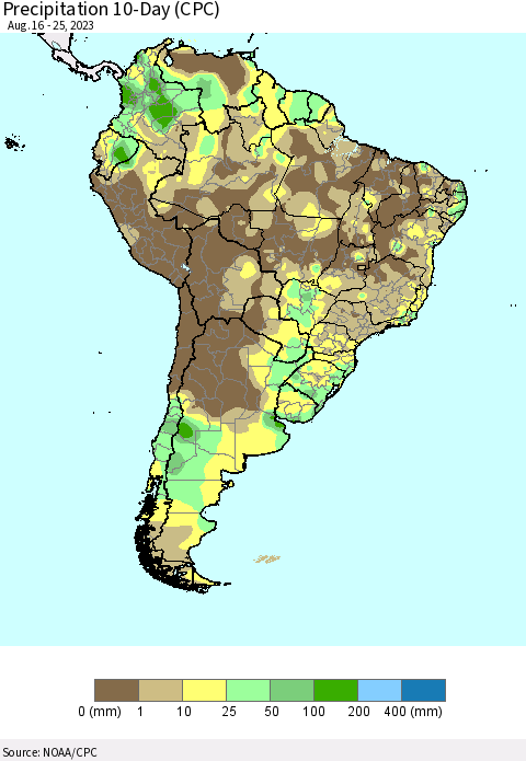 South America Precipitation 10-Day (CPC) Thematic Map For 8/16/2023 - 8/25/2023