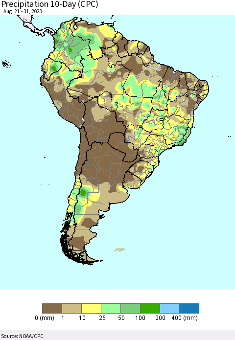 South America Precipitation 10-Day (CPC) Thematic Map For 8/21/2023 - 8/31/2023