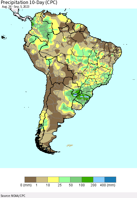 South America Precipitation 10-Day (CPC) Thematic Map For 8/26/2023 - 9/5/2023
