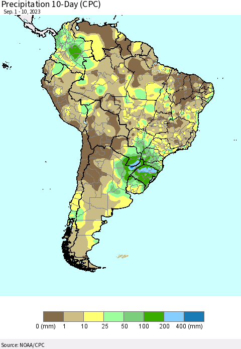 South America Precipitation 10-Day (CPC) Thematic Map For 9/1/2023 - 9/10/2023