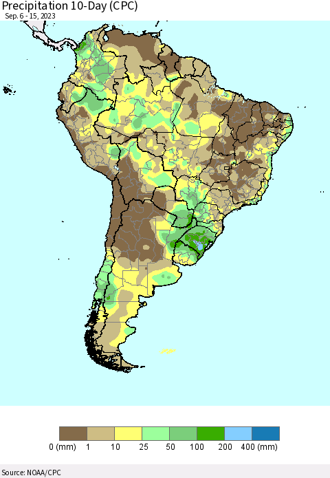 South America Precipitation 10-Day (CPC) Thematic Map For 9/6/2023 - 9/15/2023