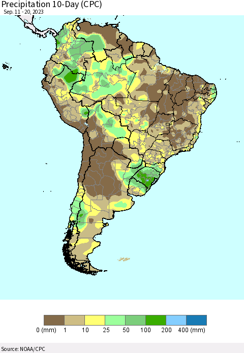 South America Precipitation 10-Day (CPC) Thematic Map For 9/11/2023 - 9/20/2023