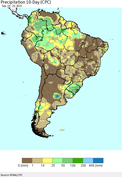 South America Precipitation 10-Day (CPC) Thematic Map For 9/16/2023 - 9/25/2023