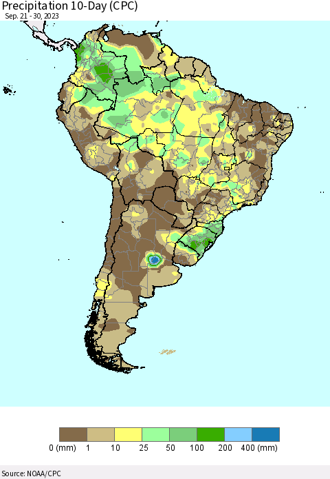 South America Precipitation 10-Day (CPC) Thematic Map For 9/21/2023 - 9/30/2023