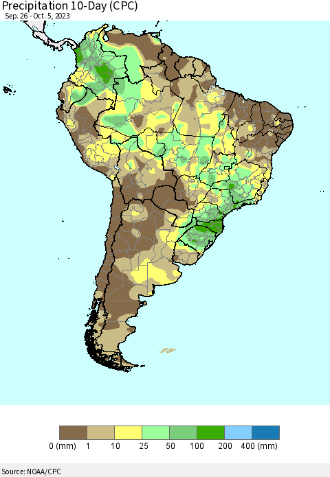 South America Precipitation 10-Day (CPC) Thematic Map For 9/26/2023 - 10/5/2023