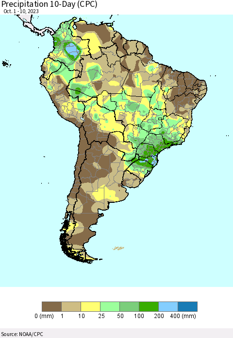 South America Precipitation 10-Day (CPC) Thematic Map For 10/1/2023 - 10/10/2023