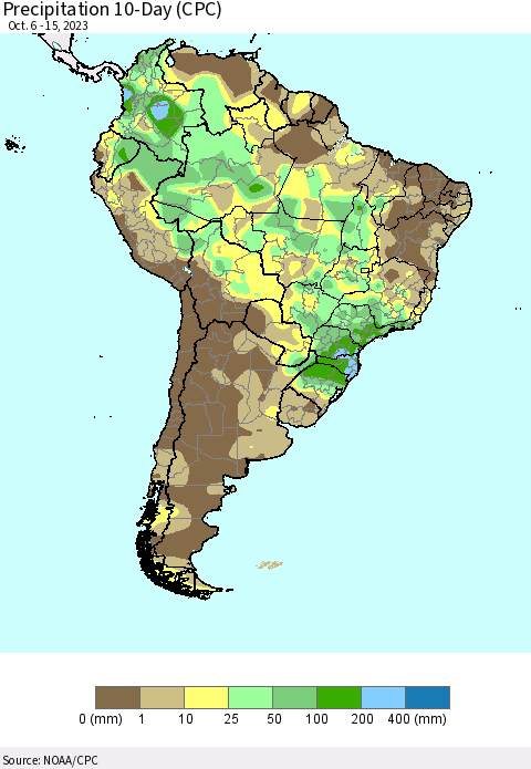 South America Precipitation 10-Day (CPC) Thematic Map For 10/6/2023 - 10/15/2023