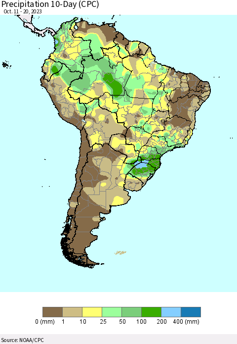 South America Precipitation 10-Day (CPC) Thematic Map For 10/11/2023 - 10/20/2023