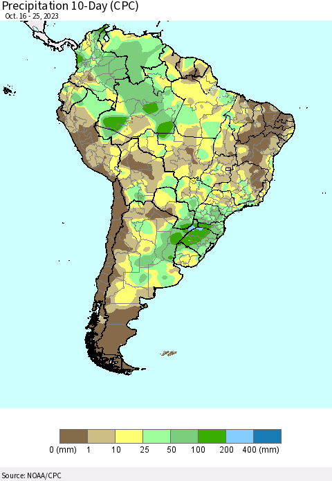 South America Precipitation 10-Day (CPC) Thematic Map For 10/16/2023 - 10/25/2023