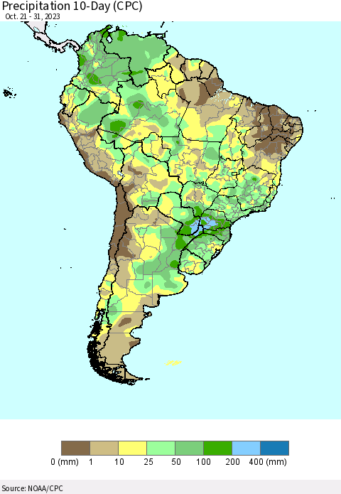 South America Precipitation 10-Day (CPC) Thematic Map For 10/21/2023 - 10/31/2023