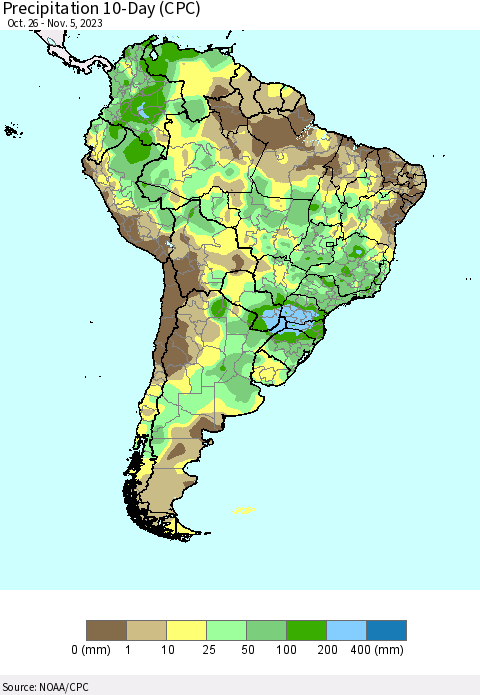 South America Precipitation 10-Day (CPC) Thematic Map For 10/26/2023 - 11/5/2023