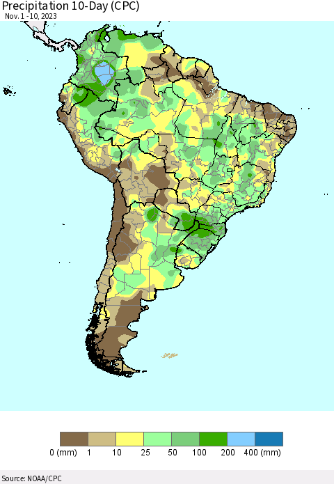 South America Precipitation 10-Day (CPC) Thematic Map For 11/1/2023 - 11/10/2023
