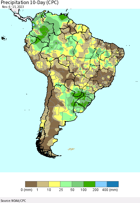 South America Precipitation 10-Day (CPC) Thematic Map For 11/6/2023 - 11/15/2023