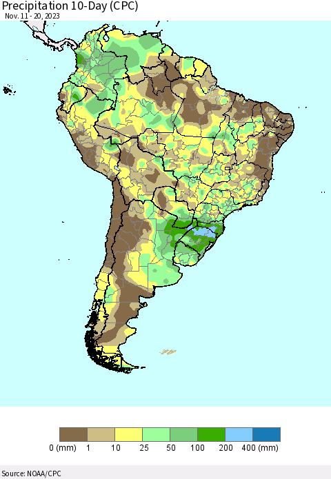 South America Precipitation 10-Day (CPC) Thematic Map For 11/11/2023 - 11/20/2023
