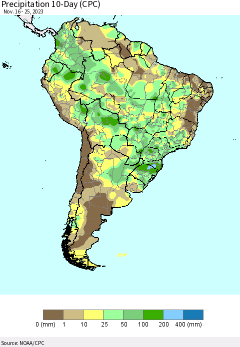 South America Precipitation 10-Day (CPC) Thematic Map For 11/16/2023 - 11/25/2023