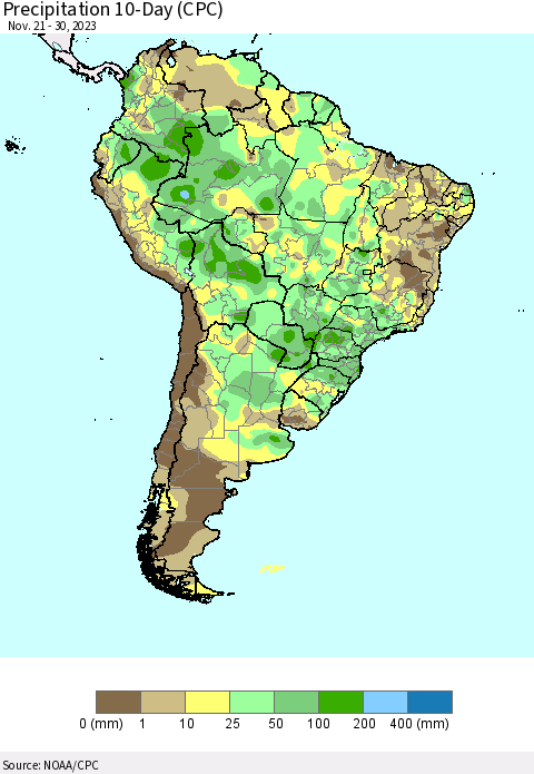 South America Precipitation 10-Day (CPC) Thematic Map For 11/21/2023 - 11/30/2023