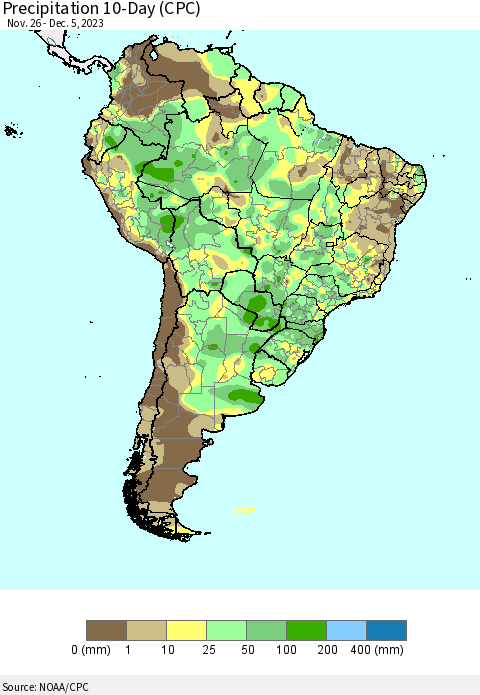 South America Precipitation 10-Day (CPC) Thematic Map For 11/26/2023 - 12/5/2023