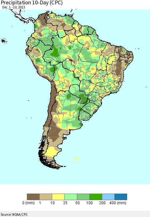South America Precipitation 10-Day (CPC) Thematic Map For 12/1/2023 - 12/10/2023