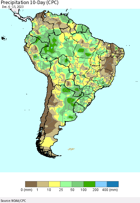 South America Precipitation 10-Day (CPC) Thematic Map For 12/6/2023 - 12/15/2023