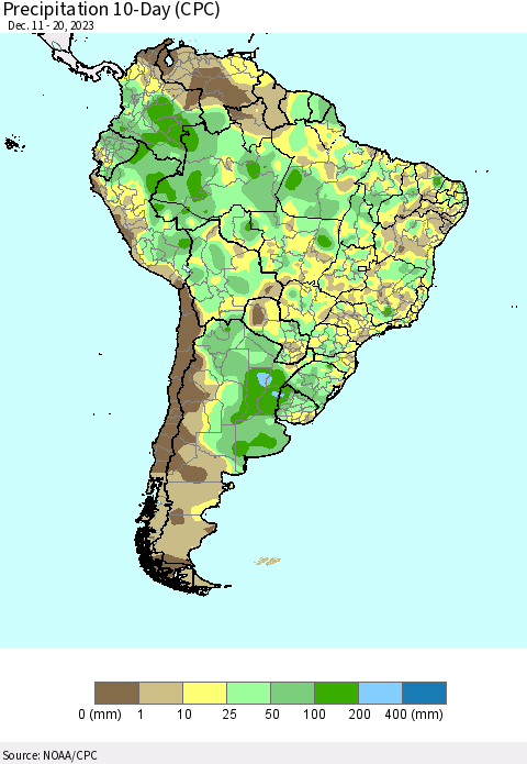 South America Precipitation 10-Day (CPC) Thematic Map For 12/11/2023 - 12/20/2023