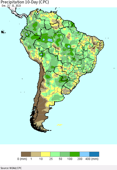 South America Precipitation 10-Day (CPC) Thematic Map For 12/21/2023 - 12/31/2023