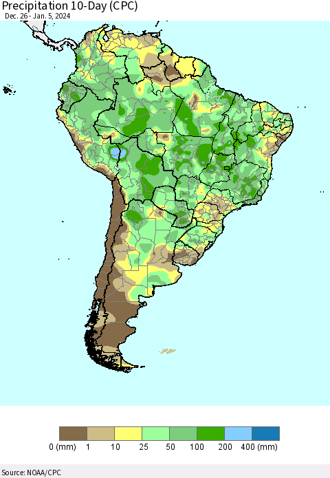 South America Precipitation 10-Day (CPC) Thematic Map For 12/26/2023 - 1/5/2024