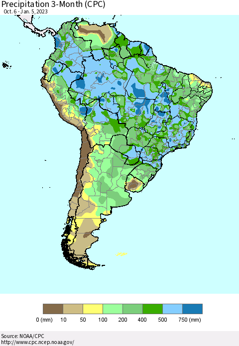 South America Precipitation 3-Month (CPC) Thematic Map For 10/6/2022 - 1/5/2023