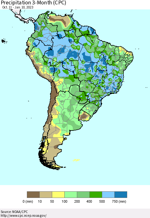 South America Precipitation 3-Month (CPC) Thematic Map For 10/11/2022 - 1/10/2023