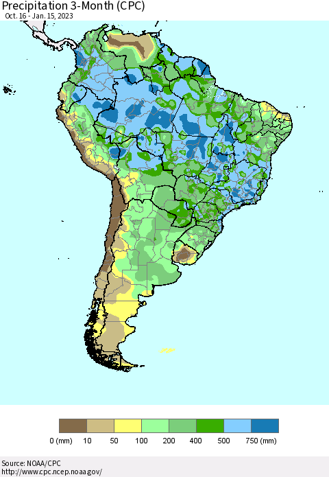 South America Precipitation 3-Month (CPC) Thematic Map For 10/16/2022 - 1/15/2023