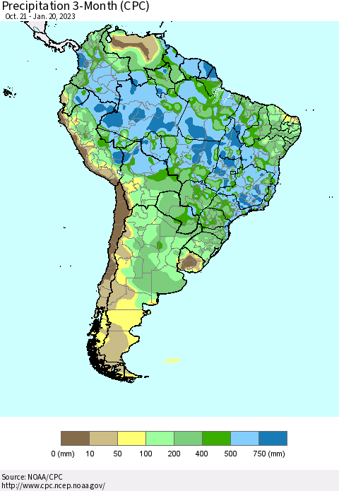 South America Precipitation 3-Month (CPC) Thematic Map For 10/21/2022 - 1/20/2023