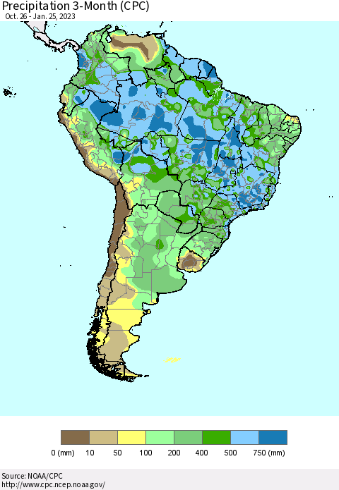 South America Precipitation 3-Month (CPC) Thematic Map For 10/26/2022 - 1/25/2023