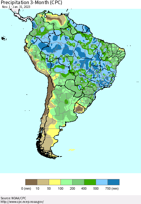 South America Precipitation 3-Month (CPC) Thematic Map For 11/1/2022 - 1/31/2023
