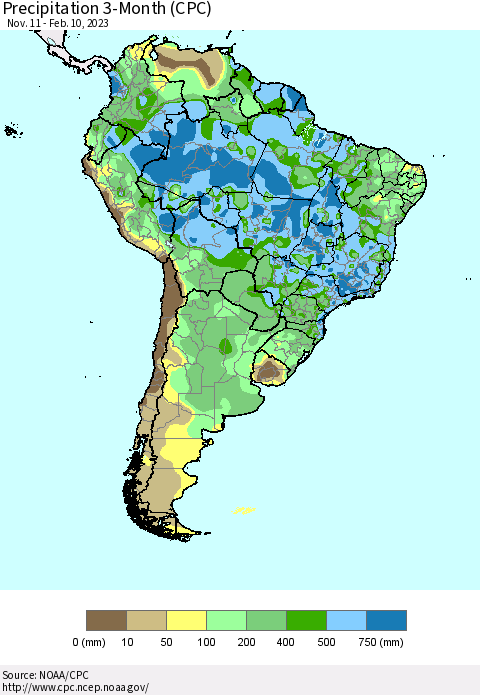 South America Precipitation 3-Month (CPC) Thematic Map For 11/11/2022 - 2/10/2023