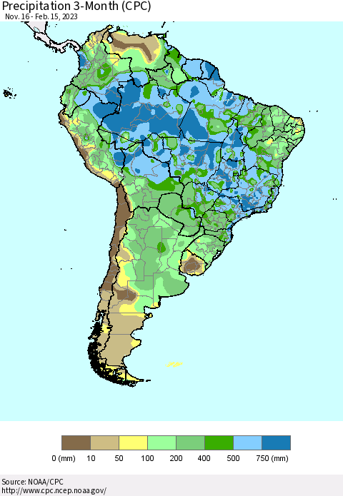 South America Precipitation 3-Month (CPC) Thematic Map For 11/16/2022 - 2/15/2023