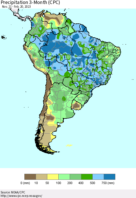 South America Precipitation 3-Month (CPC) Thematic Map For 11/21/2022 - 2/20/2023