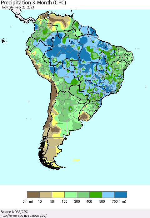 South America Precipitation 3-Month (CPC) Thematic Map For 11/26/2022 - 2/25/2023