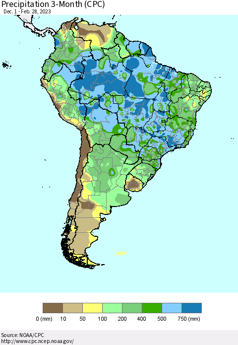 South America Precipitation 3-Month (CPC) Thematic Map For 12/1/2022 - 2/28/2023