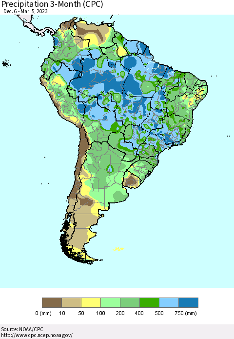 South America Precipitation 3-Month (CPC) Thematic Map For 12/6/2022 - 3/5/2023