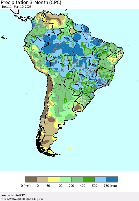 South America Precipitation 3-Month (CPC) Thematic Map For 12/11/2022 - 3/10/2023