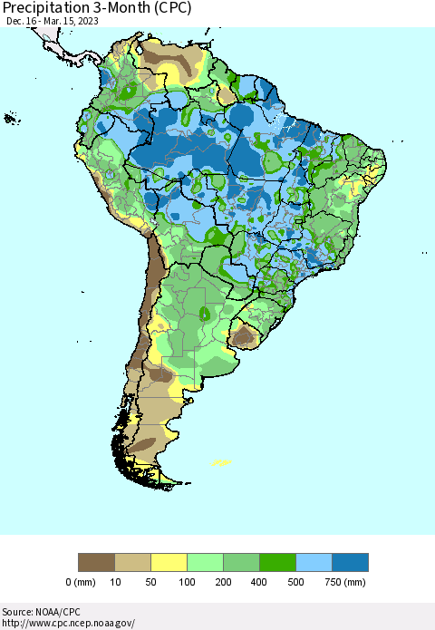 South America Precipitation 3-Month (CPC) Thematic Map For 12/16/2022 - 3/15/2023