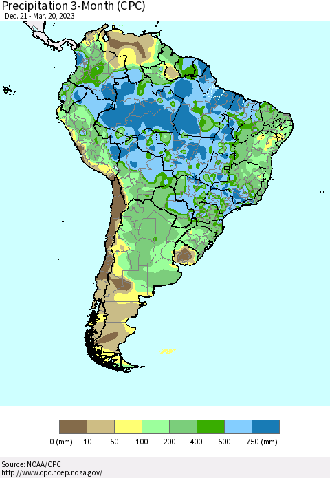 South America Precipitation 3-Month (CPC) Thematic Map For 12/21/2022 - 3/20/2023